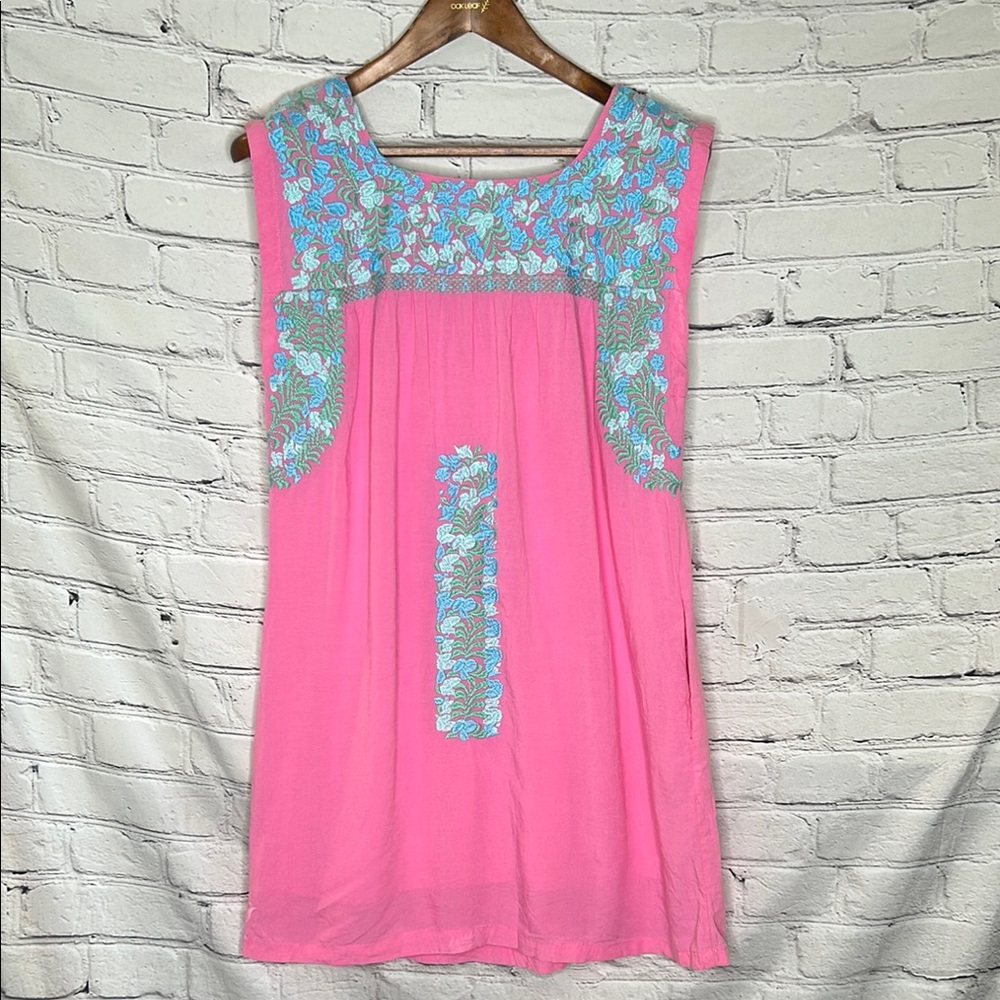 J. Marie Blue & Pink Embroidered Sleeveless Dress Size Small Excellent Condition